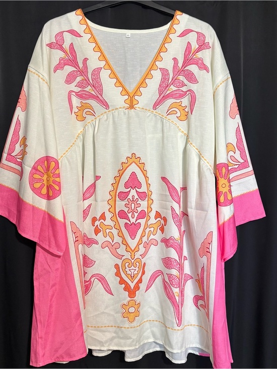 Dresses & Skirts - 2XL Boho Rhapsody Babydoll Swing Tunic Mini Dress V-neck Ivory, Pink & Orange